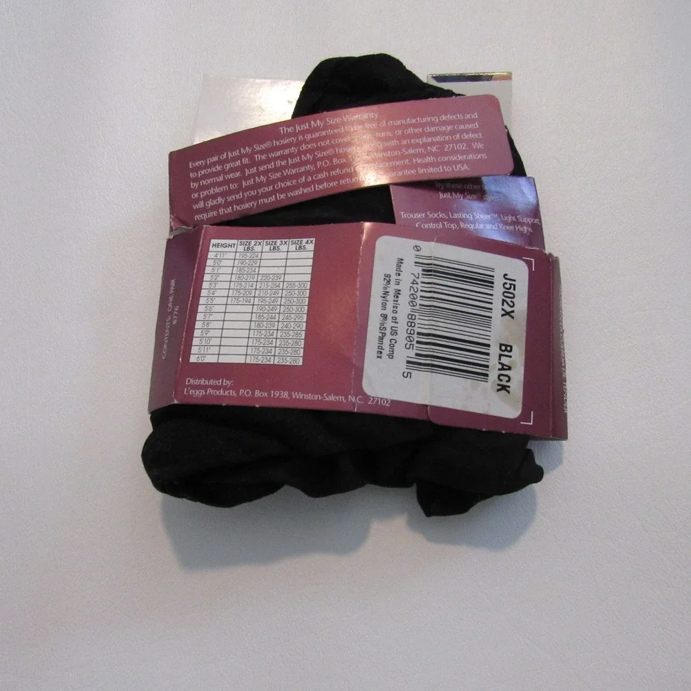 Just My Size‎ Silky Opaque Tights Black Plus Size 2X Vintage J502X New